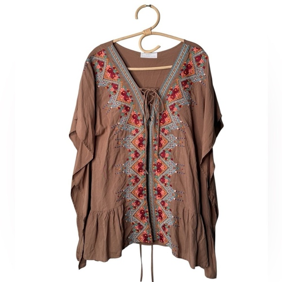 Tan Embroidered Lace Up Ruffle Bottom Boxy Batwing Top Cover Up Size S Boutique - Picture 1 of 15